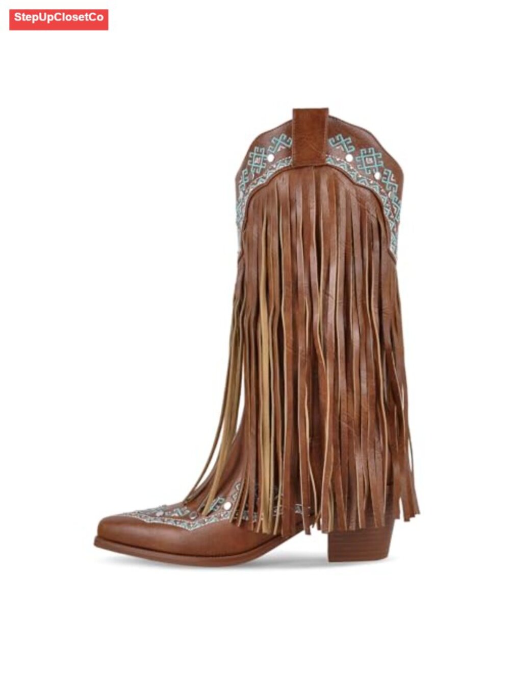 Fringe Cowboy Boots Mid Calf Pull On Chunky Heel Embroidered Western